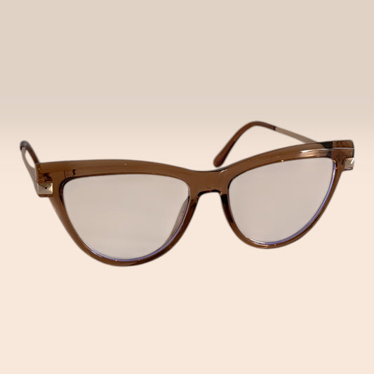 Cat-eye sunglasses with brown frame and clear lenses on a beige background